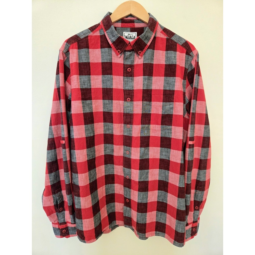 VTG Woolrich Men's Large Red/Charcoal Plaid Snap Front Shirt Roll Sleeve Cuff